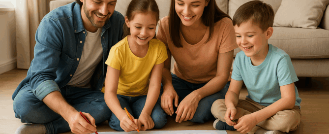 Familie sitzt am Boden und malt gemeinsam ein buntes Plakat mit dem Wort „Rechte“.