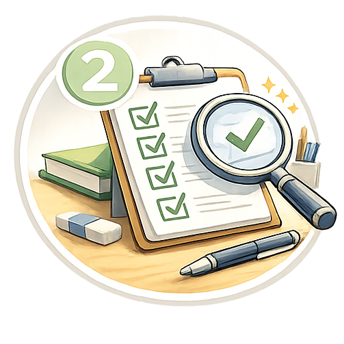 Lernstandserhebung mit Checkliste und Lupe in der Mathe-Nachhilfe Alfter