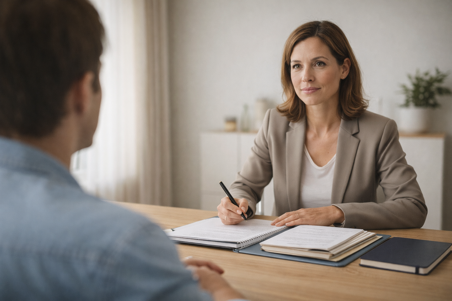 Institutsleiterin führt ein persönliches Beratungsgespräch mit einem Elternteil am Tisch