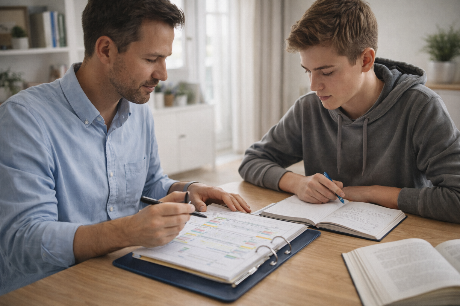 Nachhilfelehrer arbeitet mit einem Schüler an einem strukturierten Lernplan am Tisch